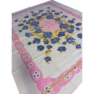 Vintage Blue Rose Pink Scalloped Border Cotton Tablecloth 52x46 Floral MC